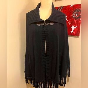 Lands' End Black Wool Blend Fringed Hem Cape, size S/M